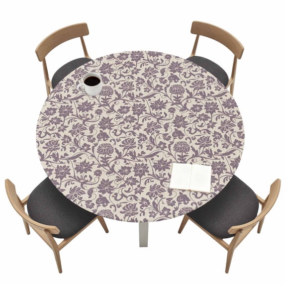Purple Floral Fitted Tablecloth with Elastic Edged, Round Table Cloth for Dining Table, Spring Plants Flowers Vintage Rustic Waterproof Oil Proof Table Cover for Indoor Outdoor 45"-54"