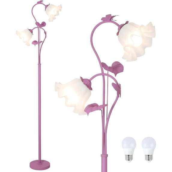 Purple Floral Floor Lamp, Girls Flower Floor Lamp for Bedroom, Cute Lotus Standing Lamp with 2 LED 5W Blubs, Foot Switch, Unique Flower Tall Lamp for Living Room Kids Nursery Bedside Corner