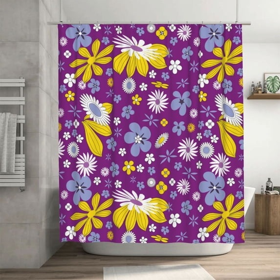 Purple Floral Flowers Pattern Shower Curtain, Retro Style Waterproof Bath Curtains for Bathroom Decorations, 72 x 72 inches