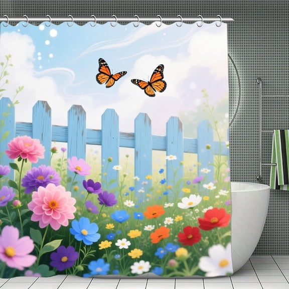 Purple Floral Flowers，Pink Botanical Butterfly Print Shower Curtain,Modern Fabric Waterproof Shower Curtain Set with Hooks 70.8×70.8Inch (180×180cm)
