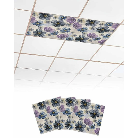 Purple Floral Fluorescent Light Covers for Ceiling Lights 4x2 feet,4 Pack Magnetic Light Filters for Classroom,Blue Wildflower Farmhouse Nature Plant Fluorescent Light Shade Panel for Office School