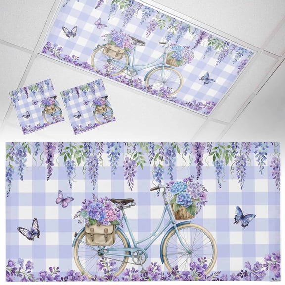 Purple Floral Fluorescent Light Covers Spring Flowers Bicycle Butterfly Purple Plaid Magnetic Light Filters Ceiling Lighting Panel Shade for Classroom Office Home 2 x 4 ft, 2 Pack