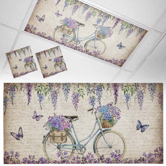 Purple Floral Fluorescent Light Covers Spring Flowers Bicycle Butterfly Vintage Letter Paper Magnetic Light Filters Ceiling Lighting Panel Shade for Classroom Office Home 2 x 4 ft, 2 Pack