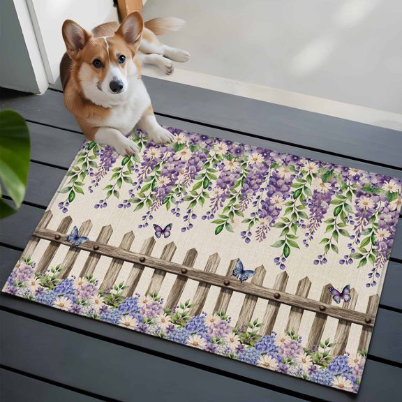 Purple Floral Front Door Rugs 2x3 ft Watercolor Spring Butterfly Lavender Wood Fence Linen Texture Small Rug for Entryway Non Slip Washable Bathroom Door Mat Absorbent Floor Mat for Indoor Entrance