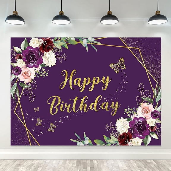 Purple Floral Gold Happy Birthday Backdrop for Women Girls Sparkle Butterfly Flowers Geometric Bday Party Photography Background Decor Banner Studio Photo Shoot