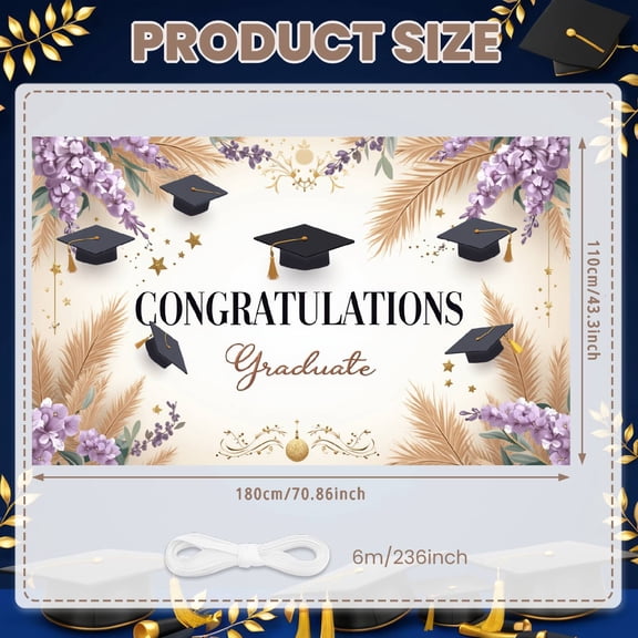 Purple Floral Graduation Banner Gold Stars Congratulation Display Graduation Cap Palm Leaves Grad Backdrop for Graduation Party College Ceremony Grad Photo Shoot