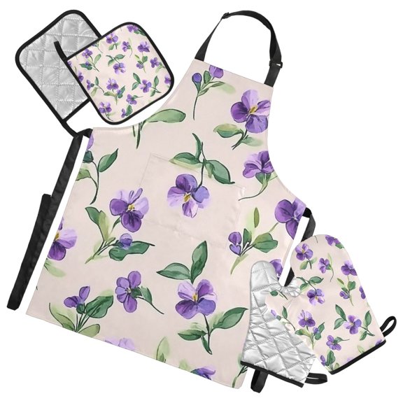 Purple Floral Graphic Design Oven Mitts and Pot Holders with Chef Apron Set 5 Pcs Kitchen Cooking Set