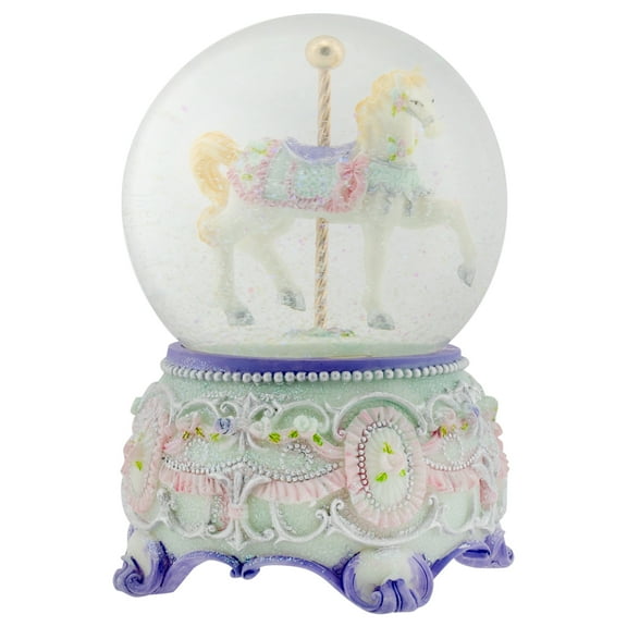 Purple Floral Horseand Rotating Carousel 100MM Musical Water Globe Plays Tune Carousel Waltz