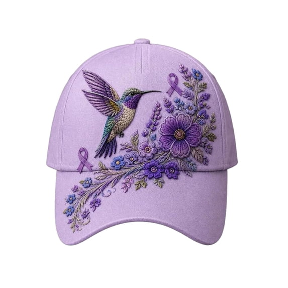 Purple Floral Hummingbird Alzheimer's Awareness Support Hat | Pansy Print, Purple Ribbon, Unisex, Purple Floral Hummingbird Print Cap