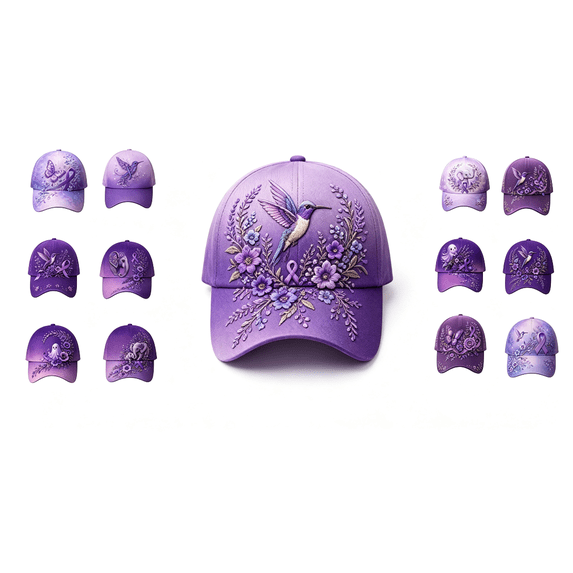 Purple Floral Hummingbird Print Awareness Hat | Unisex, Purple Ribbon Design, Pansy Floral Print, Awareness Support, Baseball Cap(A-Style)
