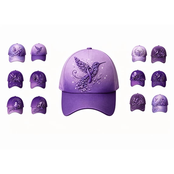 Purple Floral Hummingbird Print Awareness Hat | Unisex, Purple Ribbon Design, Pansy Floral Print, Awareness Support, Baseball Cap(B-Style)