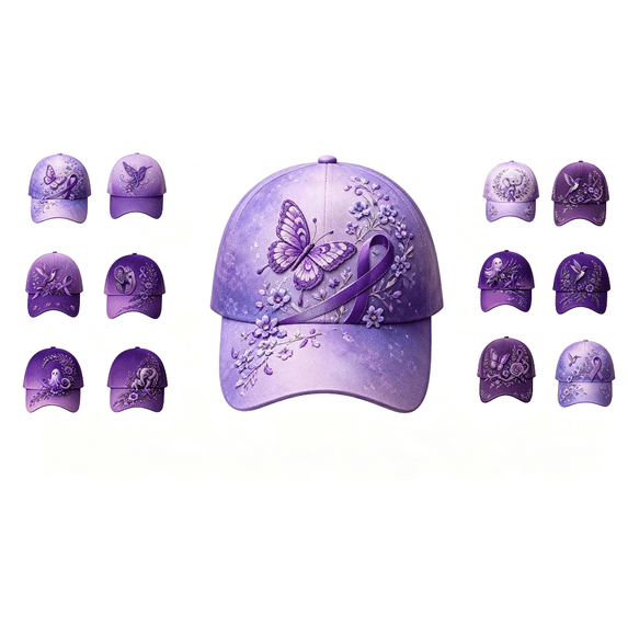 Purple Floral Hummingbird Print Awareness Hat | Unisex, Purple Ribbon Design, Pansy Floral Print, Awareness Support, Baseball Cap(H-Style)