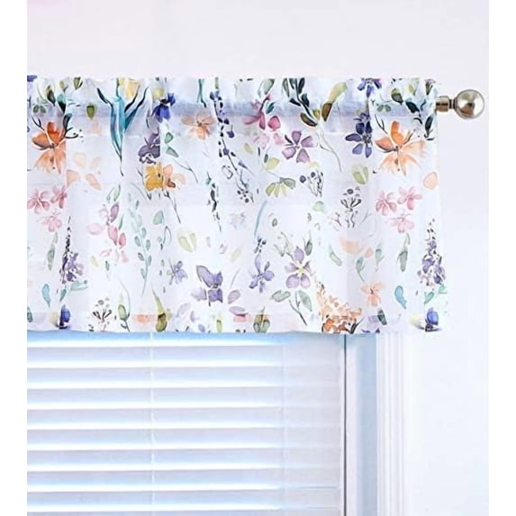 Purple Floral Kitchen Curtain Valance 15 Inch Length Colorful Small Flower Print on Linen Textured Sheer Bay Window Topper for Bathroom Basement Small Curtains 56" W x 15" L,1 Panel