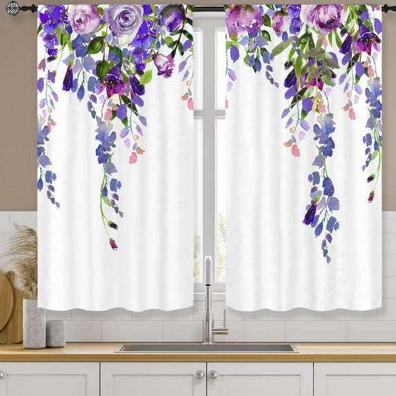 Purple Floral Kitchen Curtains Rod Pocket Blossom Lilac Watercolor Flower Plants Leaves Small Short Cafe Tier Curtains Wisteria Girls Window Drapes Treatment Home Decor(27.5W X 39L Inch)