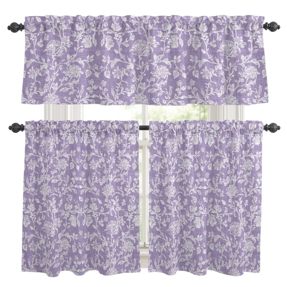 Purple Floral Kitchen Curtains Set for Windows, Pastoral White Lavender Petal Leaf Botanical Curtains Valance and Tier 3 Piece Set Small Drapes 36 Inch Length for Kitchen Bedroom Decor