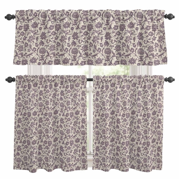 Purple Floral Kitchen Curtains Sets for Windows 24 Inch Length, Spring Plants Flowers Vintage Rustic Rod Pocket Window Treatments Tier Curtains and Valances Set for Bedroom/Bathroom