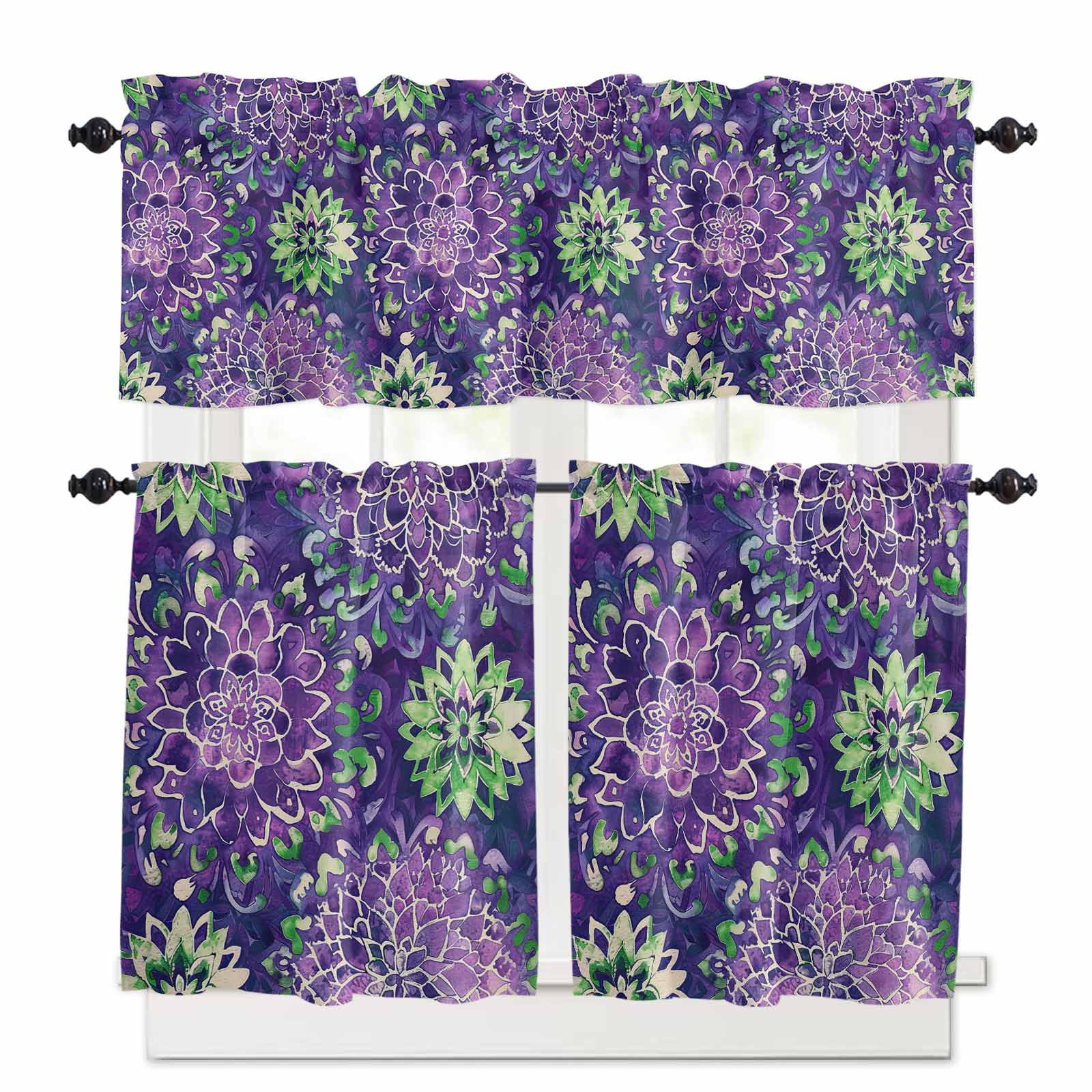 Purple Floral Kitchen Curtains and Valances Set, 3 Piece Kitchen ...