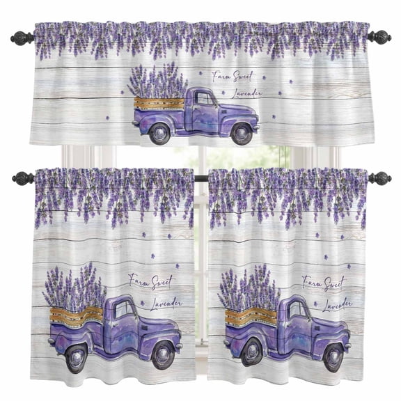 Purple Floral Kitchen Curtains and Valances Set, Farm Sweet Lavender Truck Rustic Wood Grain Rod Pocket Window Valance Window Curtain Panels for Living Room Bedroom Laundry, 27.5x36in, 3 Pieces