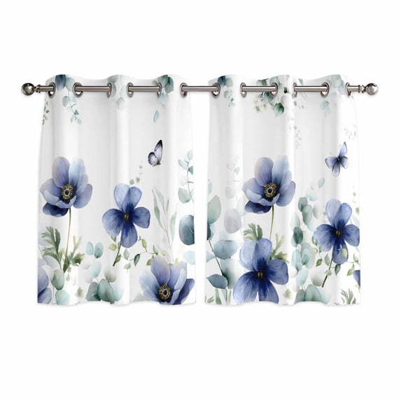 Purple Floral Kitchen Curtains Window Panels, Watercolor Eucalyptus Leaves Butterfly Insulated Window Treatment Curtain, Grommet Curtains for Bedroom/Living Room/Bathroom, 2 Piece 52"Wx45"L