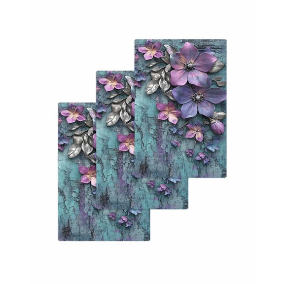 Purple Floral Kitchen Dish Towels for Drying Dishes Set of 3, Vintage Cracked Wall Country Rustic Waffle Weave Microfiber Terry Hand Tea Bathroom Towels Quick Dry & Absorbent Towel 15.7x23.6