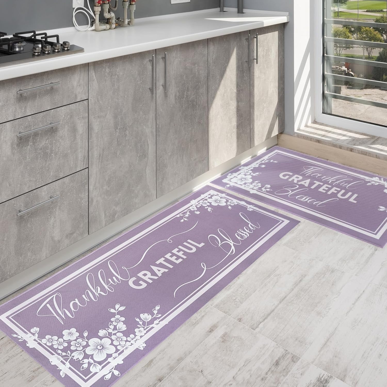 Tropical Leaves Kitchen Mats For Floor, Palm Leaf Grey White Blue Boho Kitchen Rugs Set Of 2 Carpet Area Rug, Summer Abstract Leaves Modern Kitchen Decor And Accessories Stuff, 17x30 And 17x47 - View #2