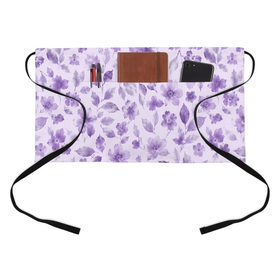 Purple Floral Kitchen Restaurant Half Waist Apron, Lavender Purple Flowers Leaf Blossom French Country Server Short Apron with 3 Pockets Waterproof Oil Waist Aprons for Women Waitress Waiter