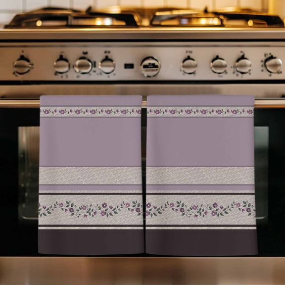Purple Floral Kitchen Towels Set of 1, Modern Farmhouse Leaves Brown Striped Absorbent Dish Towels for Kitchen, Microfiber Hand Towel, Quick Drying Tea Towel for Cleaning Decorative Dishcloths
