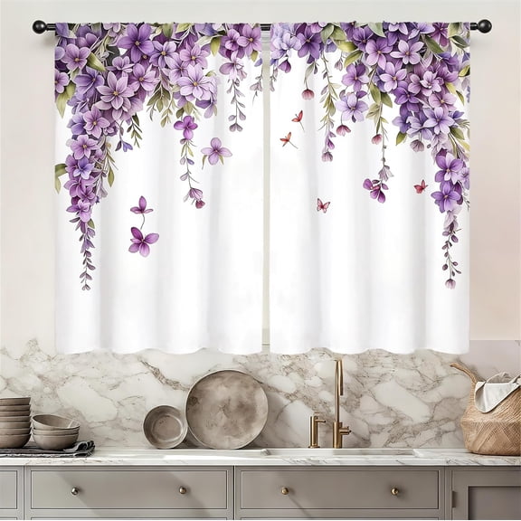 Purple Floral Lavender Butterfly Kitchen Curtains 27.5W X 39L Inch 2 Panel Rod Pocket Purple Flower Lilac Spring Cute Pretty Small Short Cafe Tier Curtains Leaves Bathroom Window Drapes Decor