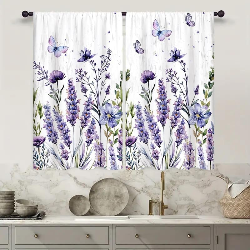 Purple Floral Lavender Flower Kitchen Curtains 27.5W X 39L Inch 2 Panel ...