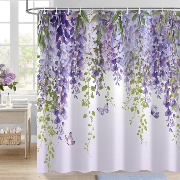Purple Floral Lavender Shower Curtain , Spring Flower Butterfly Lilac Shower Curtains Set for Bathroom Decor, Waterproof Fabric Bath Curtain Accessories with Hooks-72"W x 72"L (Pack of 1)