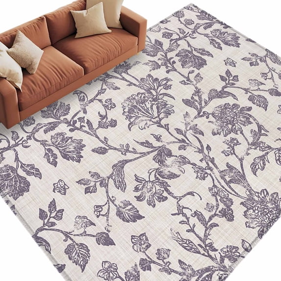 Purple Floral Leaf Large Area Rugs for Bedroom Living Room, Soft Non Slip Carpet Bedside Rug, Retro Farmhouse Plant Tree Branch Rectangular Floor Cover Kitchen Accent Rug 6'x9' for Dining Room/Office