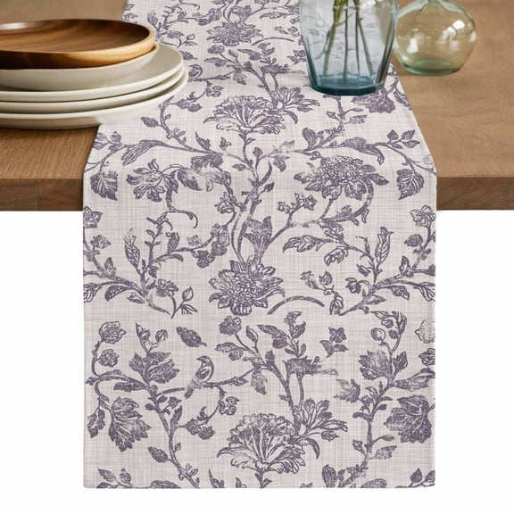 Purple Floral Leaf Table Runner, Retro Farmhouse Plant Tree Branch Washable Cotton Linen Table Runners 36 Inches Long, Dresser Scarf Runner for Nightstand/End Tables/Round Tables 13''x36''