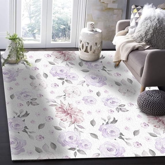 Purple Floral Leaves Home Area Rugs,Lavender Rustic Retro Style Art Home Decor Rug, Indoor Non-Slip Kids Rugs, Washable Breathable Durable Carpet For Front Entrance Floor Decor 2x3ft