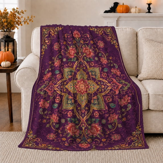 Purple Floral Mandala with Ornate Border, Bohemian Jewel Style for Pattern Lovers, Magenta Gold Symmetry and Housewarming Gift, Soft Flannel Blanket for Bedroom and Sofa, Boho Home Decor