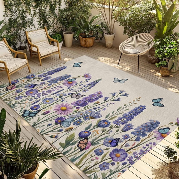Purple Floral Outdoor Rug for Patio/Deck/Porch, Non-Slip Large Area Rug 4 x 6 Ft, Spring Lavender Daisy Butterflies Botanical Beige Indoor Outdoor Rugs Washable Area Rugs, Camping Rug Carpet Runner