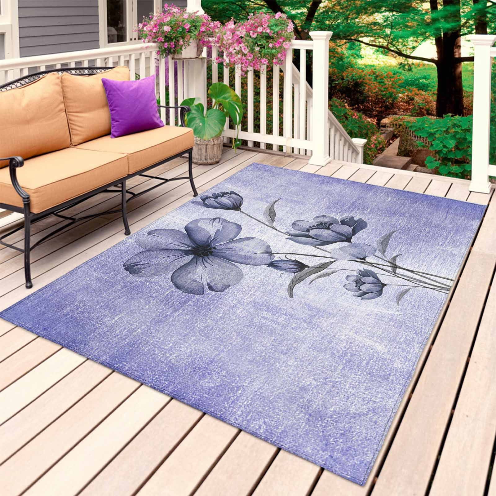 Purple Floral Outdoor Rug for Patio/Deck/Porch, Non-Slip Large Area Rug 5 x 8 Ft, Vintage Botanical Gradient Pastel Painting Indoor Outdoor Rugs Washable Area Rugs, Camping Rug Carpet Runner