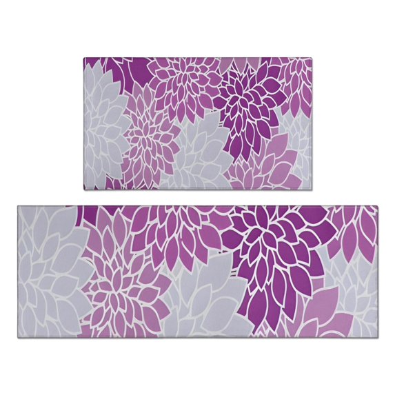Purple Floral and Petal Pattern Kitchen Rugs Sets Of 2,Anti Fatigue Kitchen Mat Rugs Non Slip Washable,Decorative Kitchen Floor Mats for Kitchen,Sink,Laundry,17"x30"+17"x47"