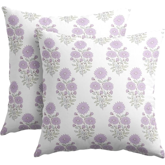 Purple Floral Pillow Covers 18x18 Inch Set of 2 Purple and White Flower Modern Decorative Throw Pillow Covers Rustic Block Print Pillowcases for Couch Indoor Outdoor Home Decor