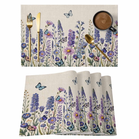 Purple Floral Placemats Set of 6, Spring Lavender Daisy Butterflies Botanical Beige Placemats for Dining Table, Place Mats for Kitchen Tabletop, Waterproof Wipeable Dining Table Mats Set