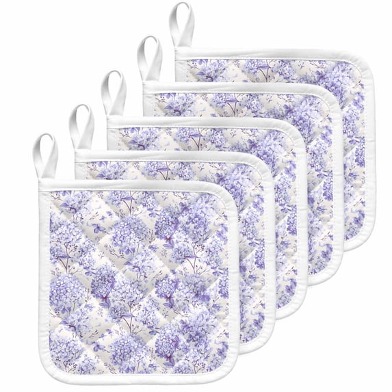Purple Floral Pot Holders for Kitchen Heatproof Potholder, 5 Pack Hydrangeas Flower Spring Summer Botanical Hot Pads Multipurpose Oven Pads Cloth Potholders Trivet for Cooking Baking
