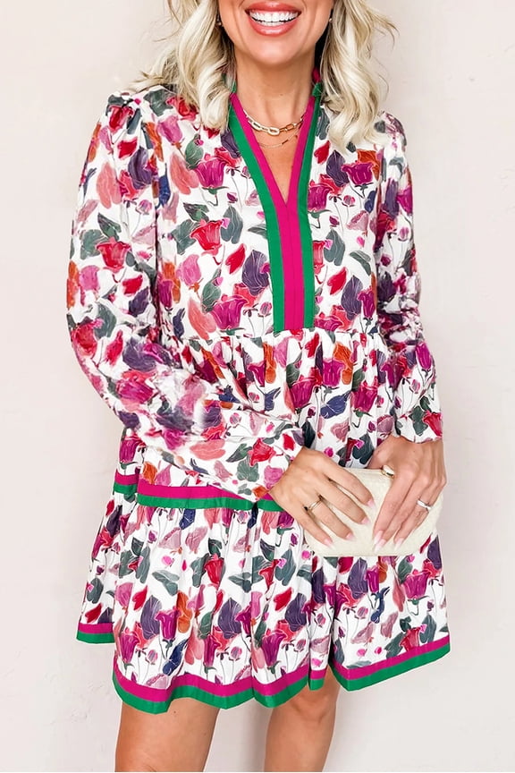 Purple Floral Print Contrast Striped Detail Long Sleeve Mini Dress