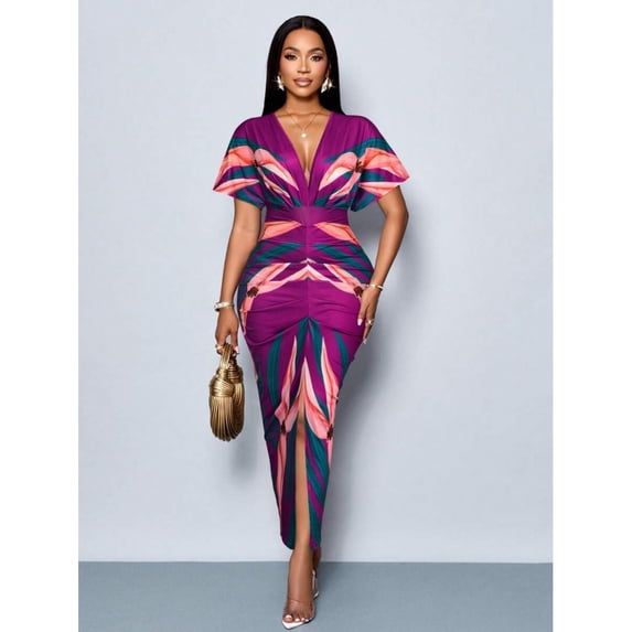 Purple Floral Print V-Neck Split Thigh Bodycon Party Dress For Spring Summer Holiday