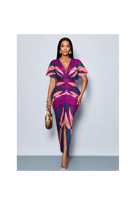 Purple Floral Print V-Neck Split Thigh Bodycon Party Dress For Spring Summer Holiday