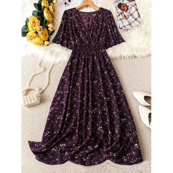 Purple Floral Print Wrap Dress With Shirred Waist, V-Neck, And Ruffled Short Sleeves
