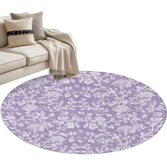 Purple Floral Round Living Room Rugs 3.3 ft, Pastoral White Lavender Petal Leaf Botanical Washable Area Rug with Non-Slip Sturdy Edge Binding Round Front Door Mat Floor Carpet for Entryway