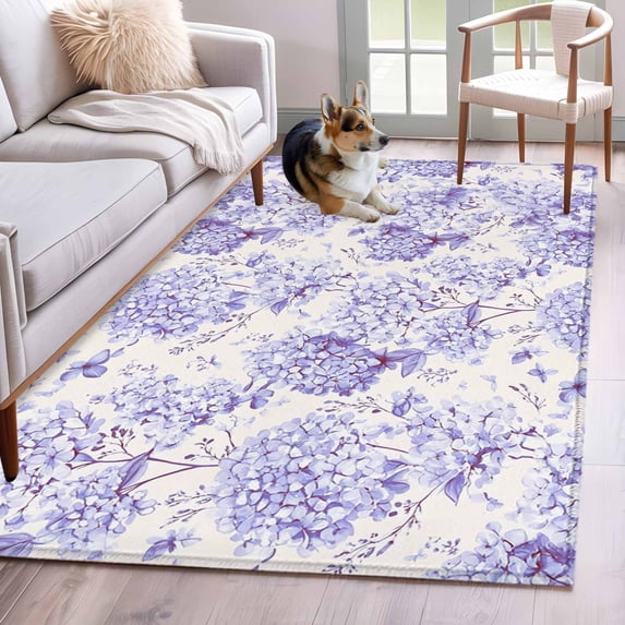 Purple Floral Runner Rug 2.7x5 FT, Non Slip Entryway Carpet, Hydrangeas Flower Spring Summer Botanical Washable Soft Floor Carpet Entrance Mat Non-Shedding Throw Rug for Hallway Laundry Room Bedside