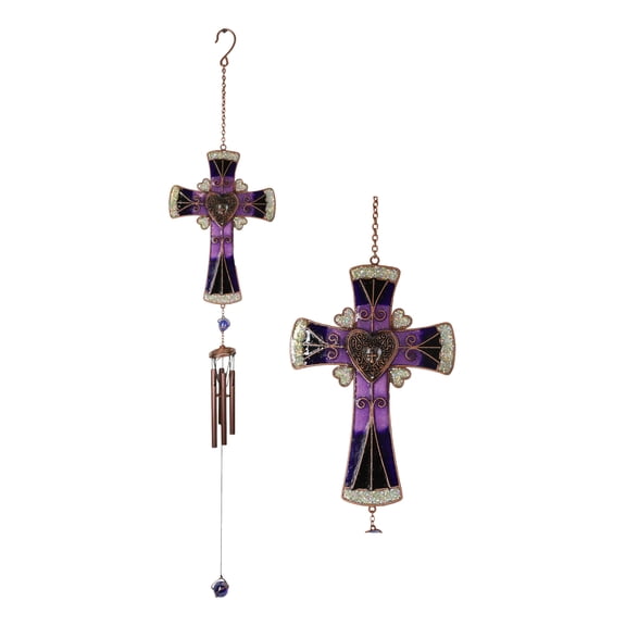 Purple Floral Scroll Hearts Christian Cross Art Glass Metal Resonant Wind Chime