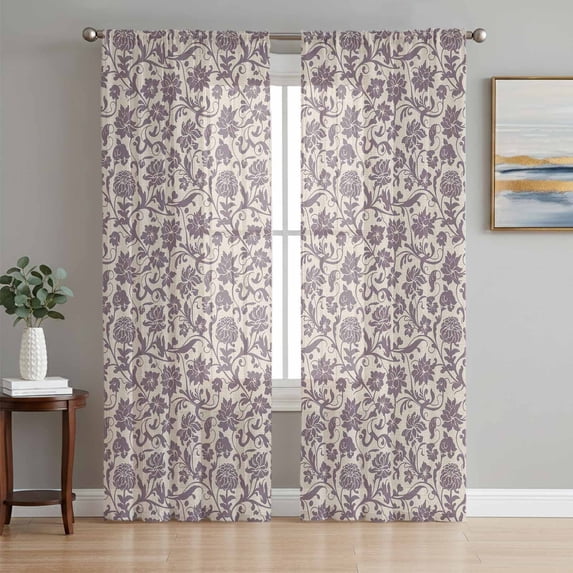 Purple Floral Sheer Curtains 84 Inch Length 2 Panels Set Window Treatments, Spring Plants Flowers Vintage Rustic Rod Pocket Semi Curtains for Living Room/Bedroom/Kitchen Décor, 104"W x 84"L