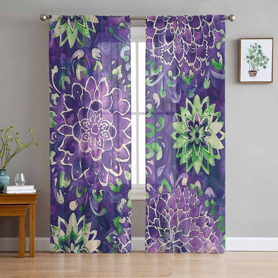 Purple Floral Sheer Curtains 96 Inches Long 2 Panels Set, Window Sheer Curtains for Living Room/Bedroom, Vintage Green Flower Ombre Botanical Light Filtering Rod Pocket Curtain 52'' x 96'' x 2