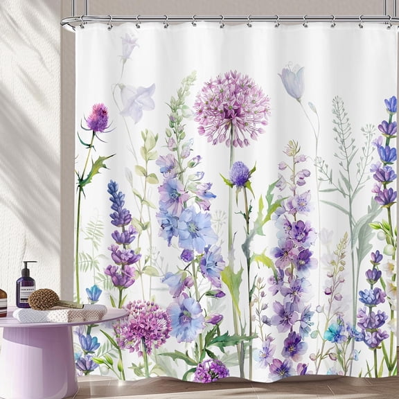 Purple Floral Shower Curtain 72Wx72H Inches Watercolor Lavender Flowers Leaves Lilac Wildflowers Bathroom Set Nature Simple Aesthetic Spring Bath Accessories Art Home Decor Fabric 12 Hooks
